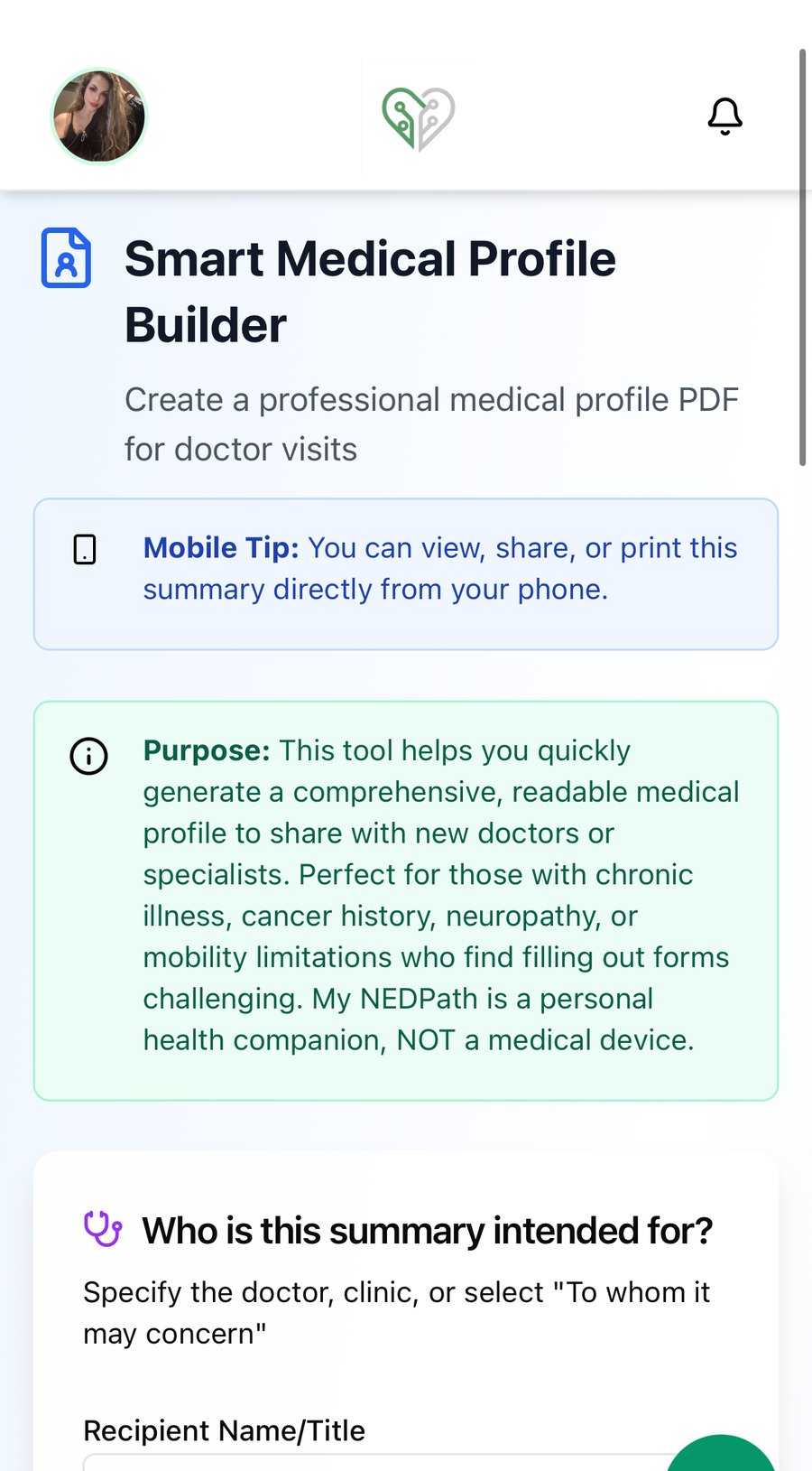 The Smart Medical Profile Builder in My NEDPath, on a phone. It makes a readable medical profile to hand to a new doctor.